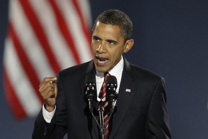 

President-elect Barack Obama smiles as he gives his acceptance speech at Grant Park in Chicago Tuesday night, Nov. 4, 2008. 