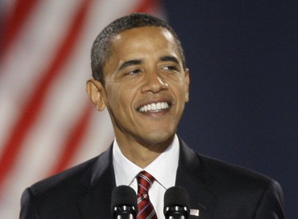 President-elect Barack Obama smiles as he gives his acceptance speech at Grant Park in Chicago Tuesday night, Nov. 4, 2008.
