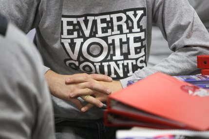 A union member attends a morning meeting at the Culinary Workers Union Local 226 headquarters before a final day of election work and canvassing Tuesday, Nov. 4, 2008. 