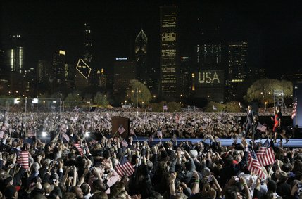 President-elect Barack Obama walks on stage with his family to speak at his election night party at Grant Park in Chicago, Tuesday night, Nov. 4, 2008. 