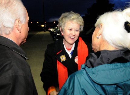 
Jill Derby, Democratic candidate in the 2nd Congressional District, talks on Tuesday to Gloria Lawrence, a volunteer for voter protection, near a voting area at Pine Middle School in Reno. Heller failed for a second time to defeat Rep. Dean Heller.
