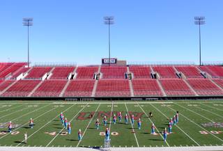The Western Marching band and drill team competes Thursday during the Halftime Show Review at Sam Boyd Stadium.