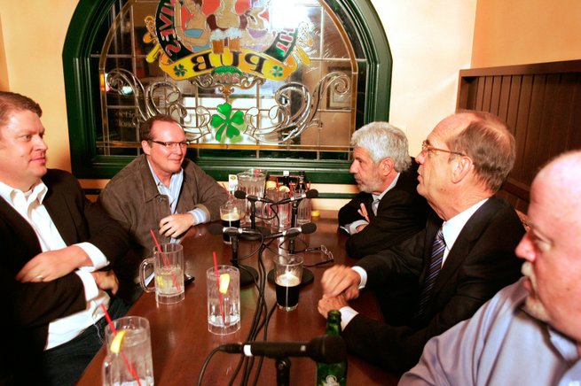  Josh Griffin, clockwise from left, former Republican Assemblyman and lobbyist; Steve Wark, Republican political consultant; Billy Vassiliadis, adviser to the campaign of Barack Obama; Mike Sloan, former state senator, now a gaming consultant; and Dan Hart, political consultant to the state teachers union, talk during a post-election political round table at Three Angry  Wives Pub in Summerlin.