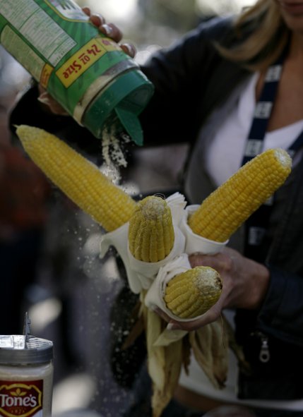 Barbequed corn is very popular at the PBR World Finals.