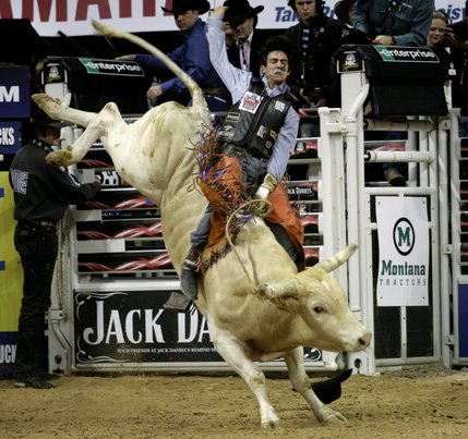 Bull riding at the final round of the PBR World Finals at the Thomas and Mack Center Sunday.  