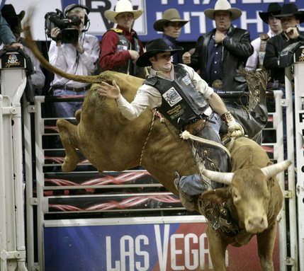 Bull riding at the final round of the PBR World Finals at the Thomas and Mack Center Sunday.  