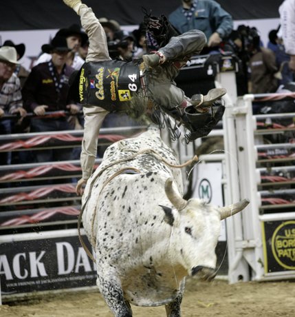Bull riding at the final round of the PBR World Finals at the Thomas and Mack Center Sunday.  