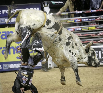 Bull riding at the final round of the PBR World Finals at the Thomas and Mack Center Sunday.  