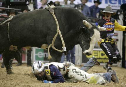 Bull riding at the final round of the PBR World Finals at the Thomas and Mack Center Sunday.  