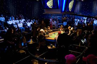 A look at the scene of the final table of the World Series of Poker's main event being held inside the Penn & Teller Theater at the Rio in Las Vegas, on Sunday night, Nov. 9, 2008.