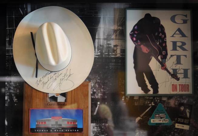 A display inside the Thomas & Mack Center shows off memorabilia from Garth Brooks, including a signed cowboy hat from his record-setting, four night concert series in 1998.