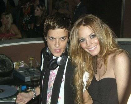 Lindsay Lohan and her partner Samantha Ronson in the DJ booth at Pure in Caesars Palace in November 2008.