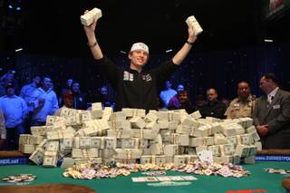 Peter Eastgate of Denmark celebrates after winning the World Series of Poker's main event at the Rio Tuesday, November 11, 2008. Eastgate, 22, defeated Ivan Demidov of Russia to win $9.15 million, while also becoming the youngest champion in the WSOP's 39-year history.