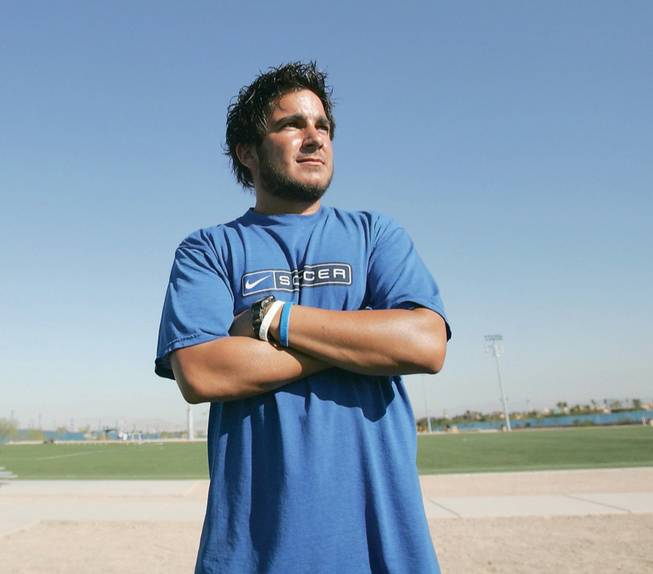 Bishop Gorman soccer coach Nick Arbelaez poses outside of the Kellogg-Zaher Soccer Complex.