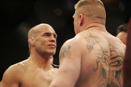 Randy Couture, left, and Brock Lesnar face off before their heavyweight championship bout at UFC 91 Saturday, November 15, 2008 at the MGM Grand Garden Arena. Lesnar won by TKO in the second round.