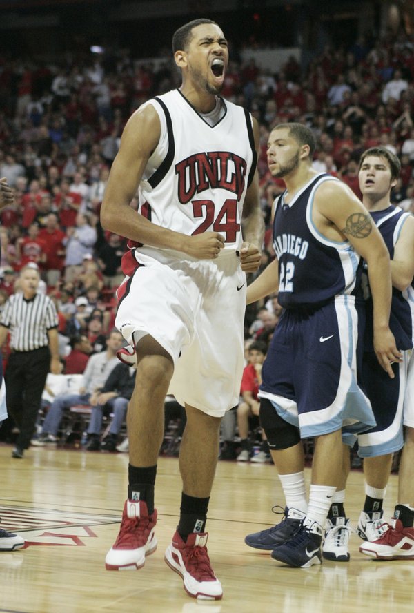 UNLV guard Rene Rougeau celebrates a basket during the second ...