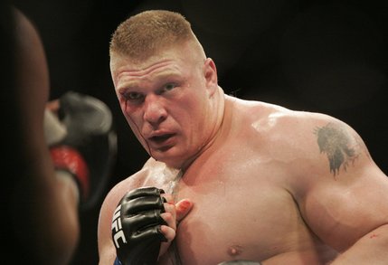 Challenger Brock Lesnar bleeds from a cut over his right eye during the second round of his heavyweight title fight against champion Randy Couture Saturday, November 15, 2008 at the MGM Grand Garden Arena. Moments later Lesnar became champion scoring a second-round TKO.