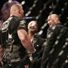 UFC CEO Lorenzo Fertitta, center, and President Dana White joke with Brock Lesnar that they will have to get him a larger belt after he beat Randy Couture for the heavyweight title Saturday, November 15, 2008 at the MGM Grand Garden Arena. Lesnar won by TKO in the second round.