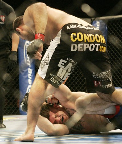 Gabriel Gonzaga pounds Josh Hendricks just before the referee steps in during their heavyweight bout at UFC 91 Saturday, November 15, 2008 at the MGM Grand Garden Arena. Gonzaga won by TKO in the first round.