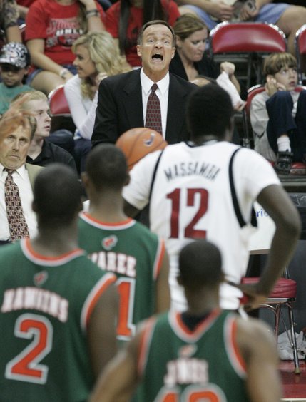 UNLV coach Lon Kruger yells to center Brice Massamba during the game against the Texas-Pan American Tuesday.