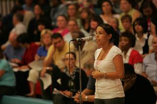 Henderson resident Kalynn Branch, 17, a 10th-grader in the magnet program at Rancho High, speaks during a budget meeting Tuesday at Western High School.