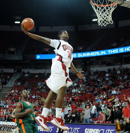 DeShawn Mitchell goes up for one of his three dunks in the Rebels' 73-48 victory over UTPA.