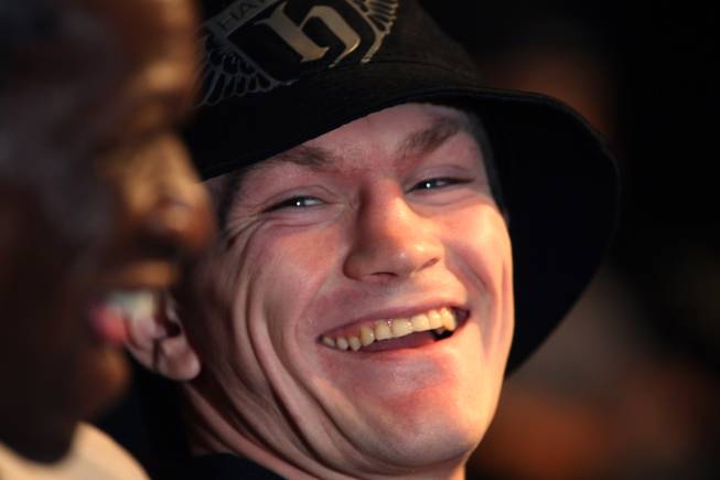 Junior welterweight boxer Ricky Hatton, (right) of Britain, laughs with trainer Floyd Mayweather Sr. during a news conference at the MGM Grand hotel and casino in Las Vegas, Nevada on November 19, 2008.