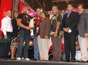 Hulk Hogan was honored with a humanitarian award presented by the National Indian Gaming Association for his work with the Dreamseekers Foundation at Wednesday's Global Gaming Expo. 