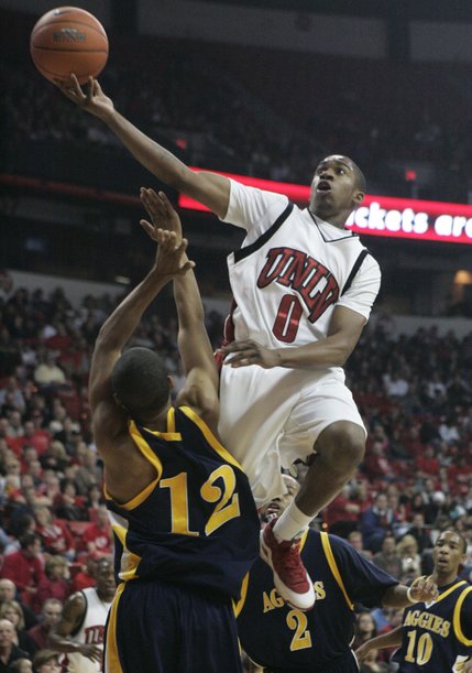 UNLV forward DeShawn Mitchell tries to keep the ball in play during the first half of the game against North Carolina A&T in November.