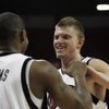 UNLV guard Wink Adams and forward Joe Darger bump fists in the closing minutes of their game against North Carolina A&T on Nov. 22, 2008, at the Thomas & Mack Center.