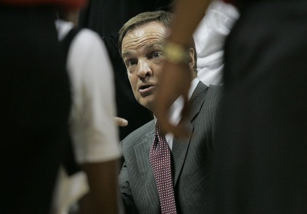 UNLV coach Lon Kruger talks to his team during a ...