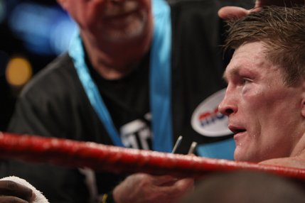 Ricky Hatton of Britain is checked out in his corner during a junior welterweight bout against Paulie Malignaggi of the U.S. at the MGM Grand Garden Arena.