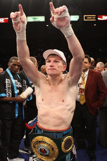 Ricky Hatton, of England, celebrates his victory over Paulie Malignaggi of the U.S. after a junior welterweight title bout at the MGM Grand Garden Arena.