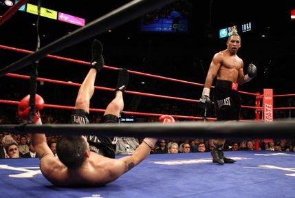 James Kirkland knocks Brian Vera to the canvas during their middleweight bout at the MGM Grand Garden Arena.