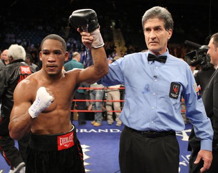 James Kirkland raises his hand in victory after defeating Brian Vera by KO in their middleweight bout at the MGM Grand Garden Arena in Las Vegas, Nevada on November 22, 2008.