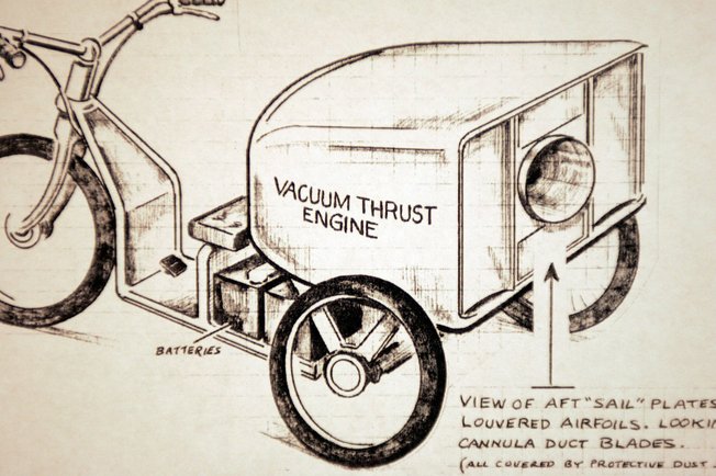 A drawing shows the concept of Fodera's "Vacuum Thrust Engine," which the inventor hopes will be "properly designed and engineered" to power vehicles.