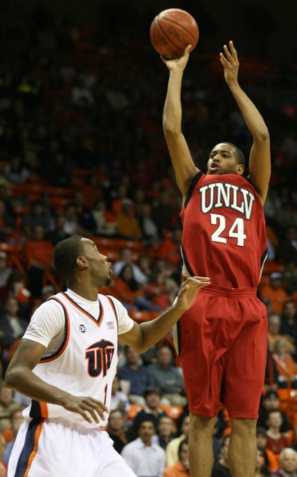 UNLV's Rene Rougeau, right, shoots over UTEP defender Arnett Moultrie during the first half Monday in El Paso, Texas. 