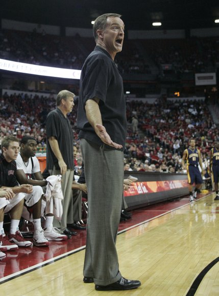 UNLV head coach Lon Kruger argues a call during the second half of the 73-55 loss to Cal Friday at the Thomas & Mack Center.
