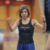 Bishop Gorman girls basketball coach Sheryl Krmpotich talks to her team during practice. The coach has been recovering from a bike crash in July.