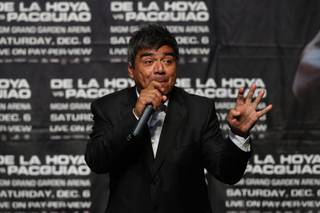 Comedian/actor George Lopez hosts the official weigh-in for boxers Oscar De La Hoya and Manny Pacquiao of the Philippines at the MGM Grand Garden Arena Friday, December 5, 2008.