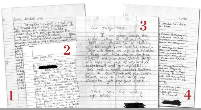 Excerpts from four letters written by juvenile prostitutes to Judge William Voy. Their names have been redacted to protect their identities