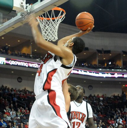 Rene Rougeau grabs the rebound and put it in for two at the Orleans Arena where UNLV took on Western Michigan Sunday afternoon.  UNLV beat Western Michigan 70-61.