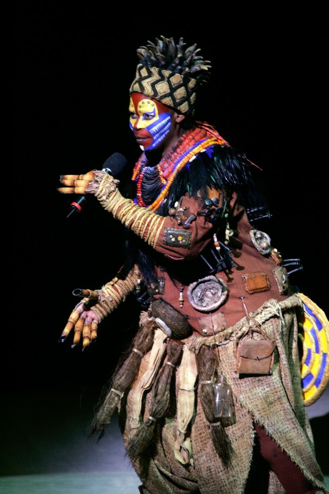 Tshidi Manye is in full dress as "Rafiki" during the recent sneak peak. The Disney production will take the place of the ABBA musical "Mamma Mia!"