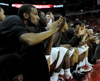 The UNLV bench is fired up late in the second half Wednesday night as UNLV takes on Santa Clara. UNLV won 78-66.