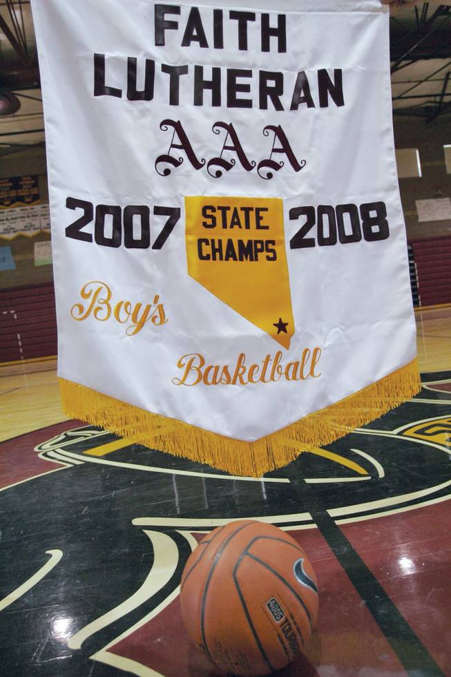 Faith Lutheran's championship banner from last year's boys' basketball title run.