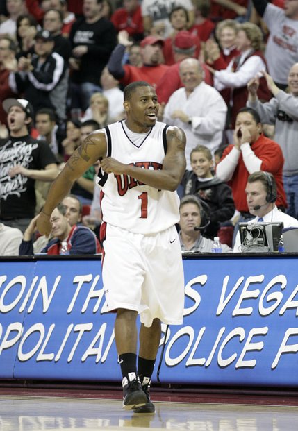 Wink Adams is fired up after hitting one of his seven three-pointers on Saturday.  Adams finished with 25 as the Rebels defeated the Wildcats 79-64.