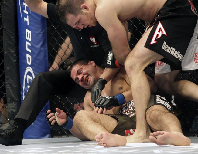 Matt Hamill, right, forces a stoppage in his light heavyweight fight against Reese Andy Saturday night at UFC 92 at the MGM Grand.
