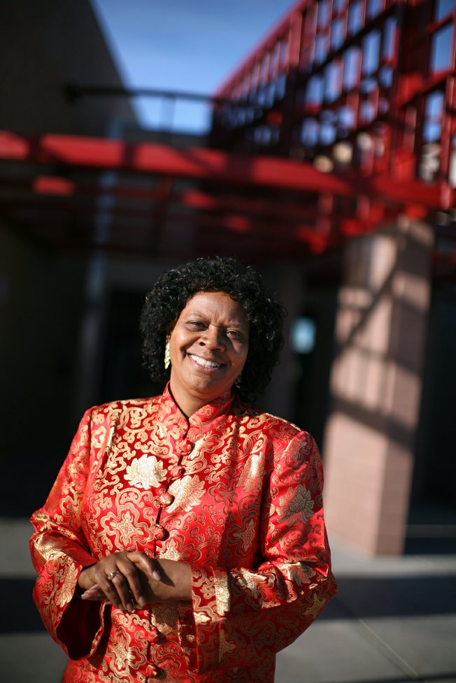 Principal Beverly Mathis in front of the school she has directed for more than a decade, Booker Elementary School in North Las Vegas. 