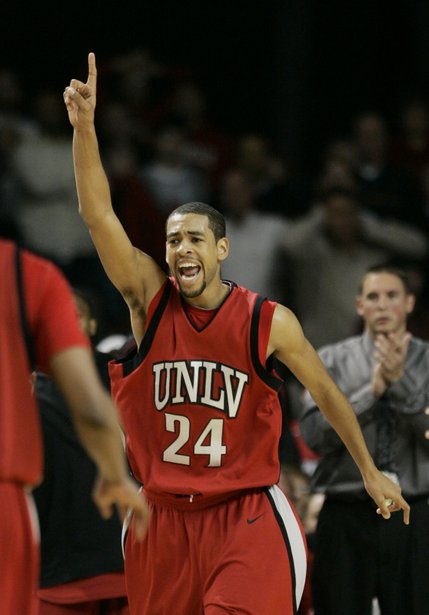 UNLV's Rene Rougeau celebrates late in the second half against Louisville in Louisville, Ky.  Rougeau led his team with 17 points, seven rebounds, four assists and three blocks in the 56-55 win. 