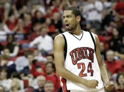Rene Rougeau is fired up after a win Saturday at the Thomas and Mack Center against New Mexico. The Rebels beat the Lobos, 60-58.